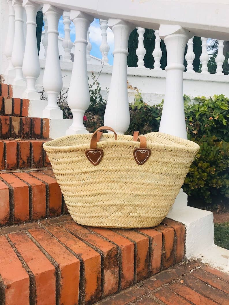 STRAW BAG Handmade with leather, Straw beach basket