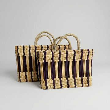 Two-Tone Reed Market Basket - Boho Woven Storage Tote Basket