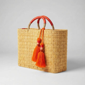 Woven Reed Market Basket - Leather Handles & Tassels: Orange