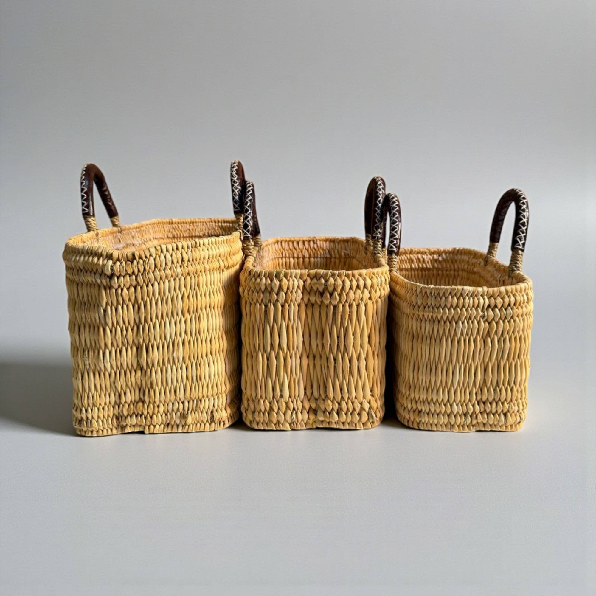 Woven Reed Market Basket - Leather Handle Tote Basket